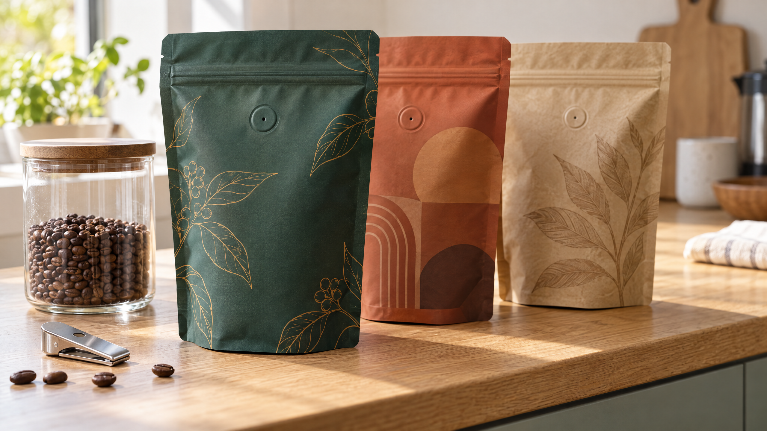 Three sealed matte coffee pouches with abstract botanical and geometric patterns beside a glass jar of roasted beans and a bag clip