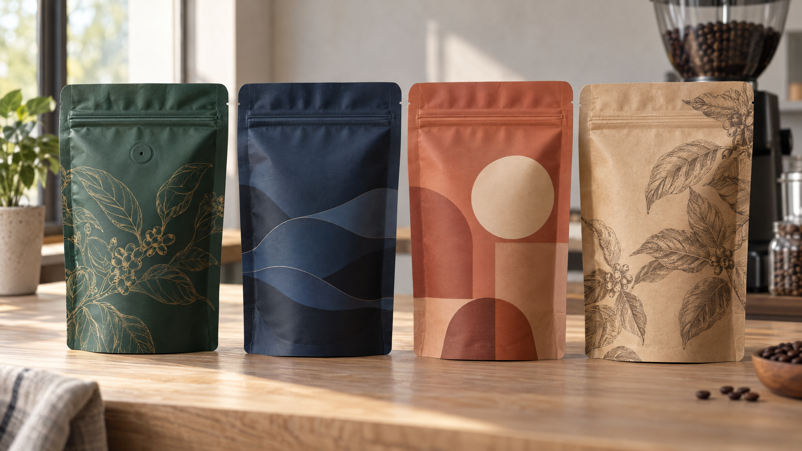 Four custom printed stand up coffee pouches with abstract botanical and geometric patterns standing on a roastery counter