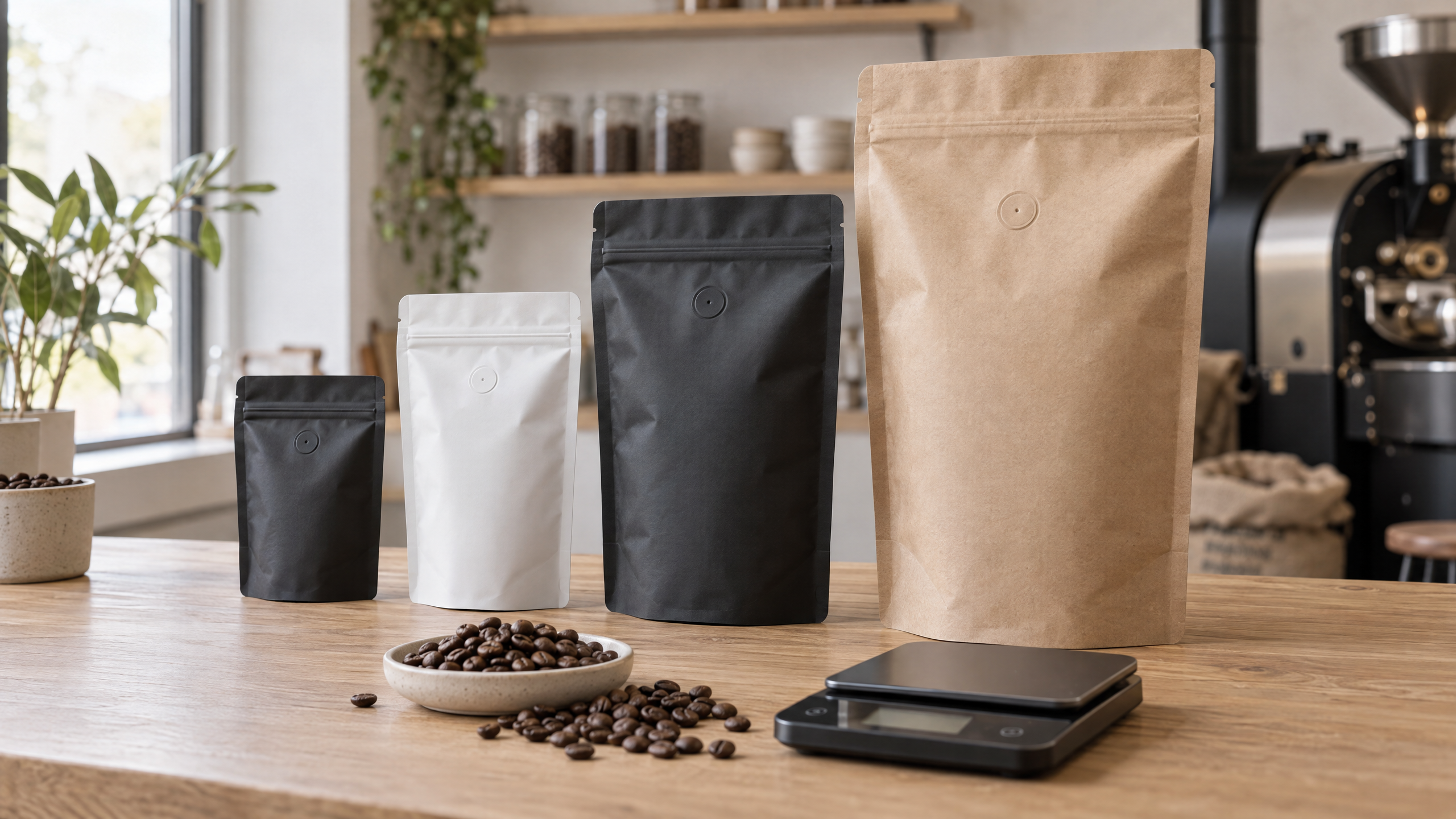 Four coffee pouches of increasing size, from 125g to 1kg, lined up on a roastery counter with roasted beans and a digital scale