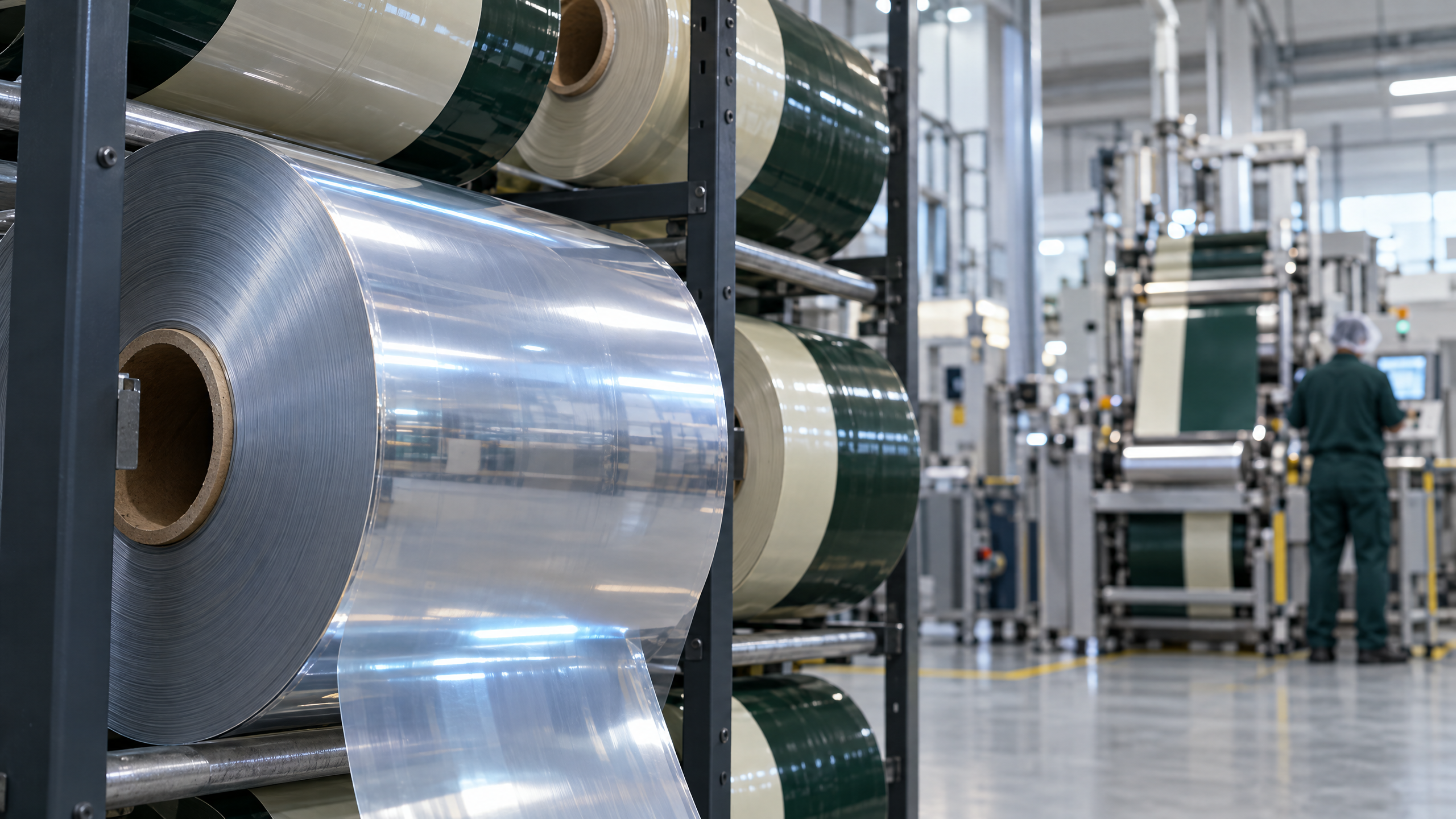 Rolls of laminated barrier film for coffee pouches stacked in a packaging converting facility