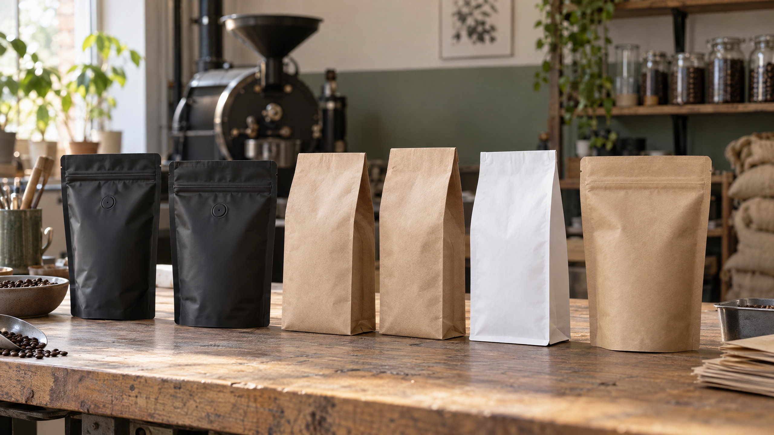 Plain kraft and printed coffee bags with valves on a roastery packing bench