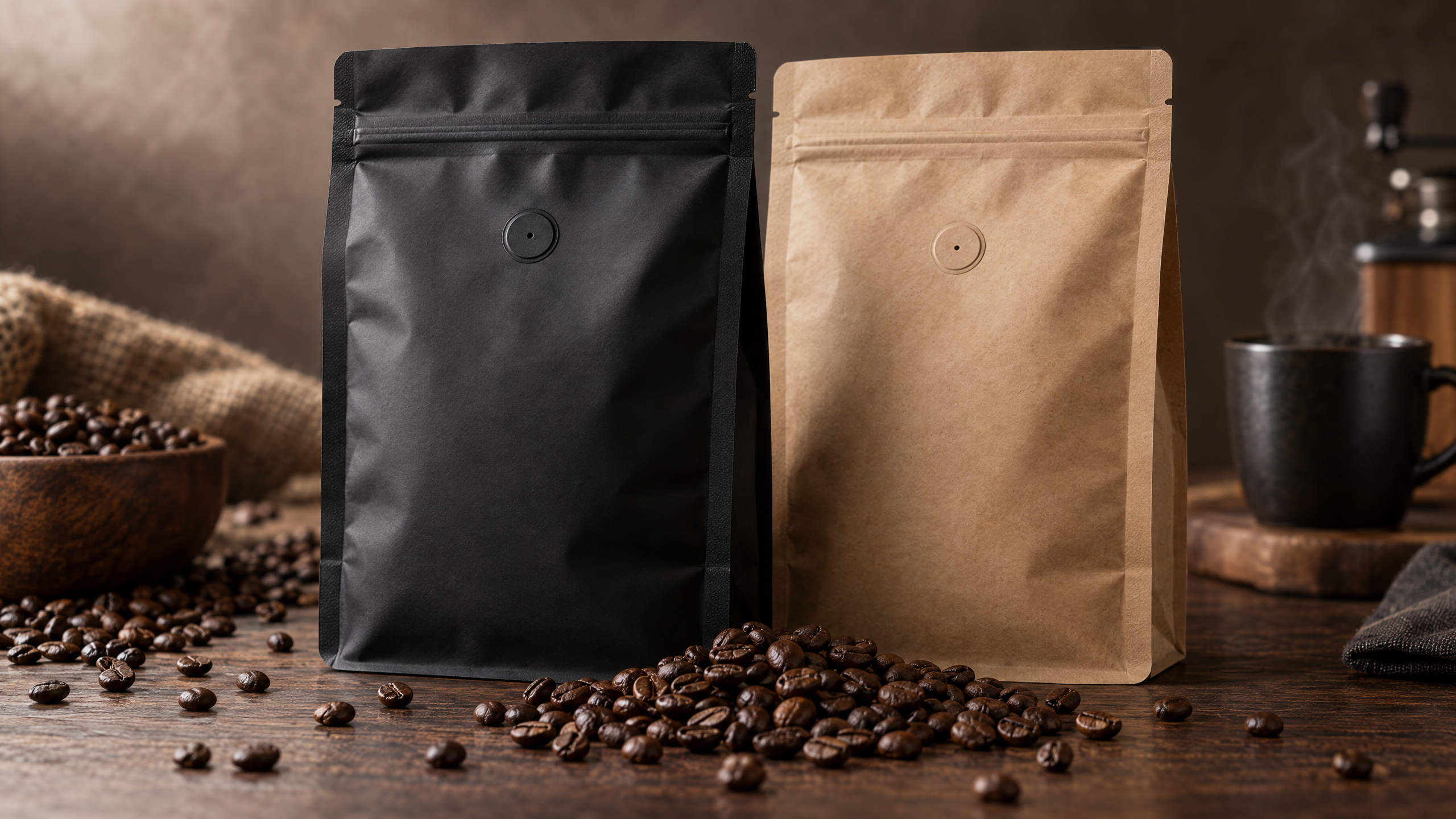 Matte black and kraft coffee pouches fitted with one-way degassing valves standing beside roasted coffee beans